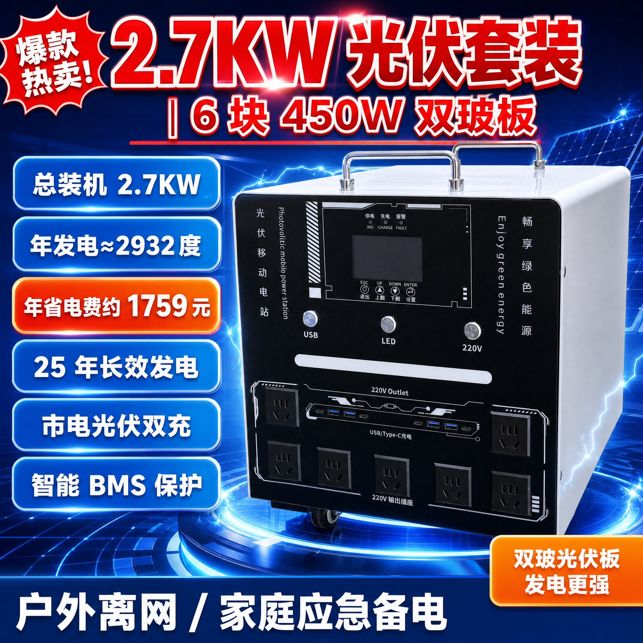 [单张主图] 2.7KW光伏移动电站套装（6块450W双玻板）… - 图片创意预览