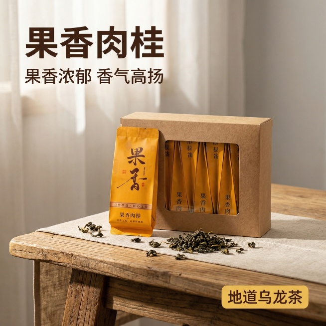 [主图 1] 
[主图主题]果香肉桂茶叶首图
[氛围/风格]自然清新，原生原木茶桌质感，温暖惬意氛围
[画面元素]果香肉桂茶叶包装盒和独立包装袋居中展示，置于原木茶桌上，背景有柔和自然天光透过窗纱，茶预览效果