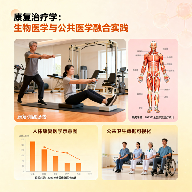 康复治疗学主题，融合生物医学与公共医学元素，包含康复训练场景、人体康复医学示意图、公共卫生数据可视化图表，专业学术风格，清晰构图，暖色调配色预览效果