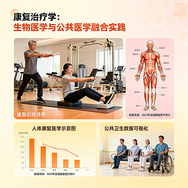 康复治疗学主题，融合生物医学与公共医学元素，包含康复训练场景、人体康复医学示意图、公共卫生数据可视化图表，专业学术风格，清晰构图，暖色调配色