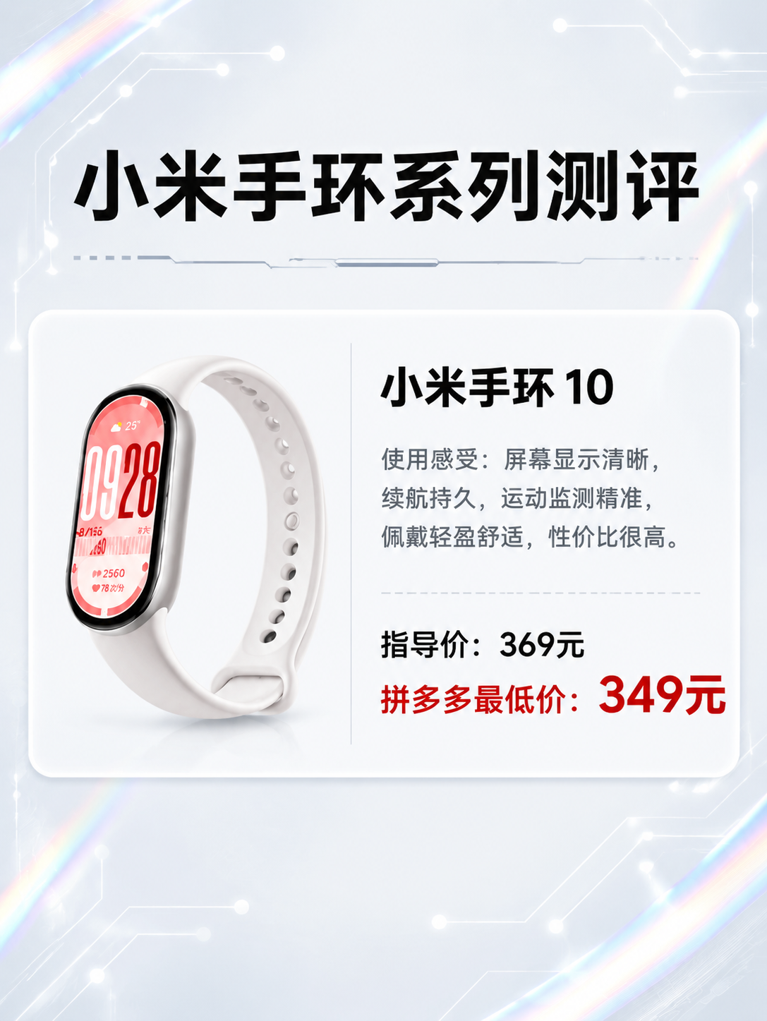小米手环系列测评海报，版式参考第二张参考图的左右分栏卡片式排版… - 图片创意预览