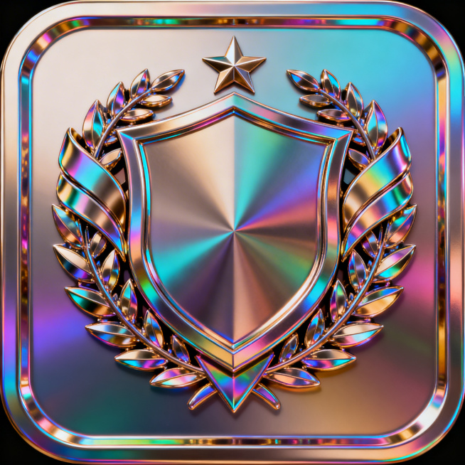 生成一个炫彩的金属质感的荣誉徽章图标，整体设计要对称构图预览效果