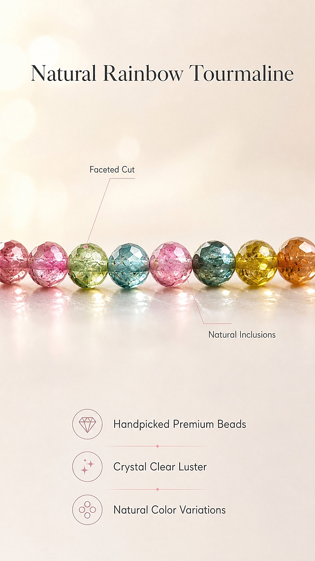 [商品] 使用【图1】4mm小直径彩虹碧玺手链；保留4mm圆珠结构、彩虹渐变色系、珠子通透质感、串珠排列；精修珠子表面，去除微尘划痕，极致增强碧玺宝石通透度、切面火彩和内部天然纹理，不改变珠子颜色和大小比例。
[画面] 第3张 细节质感 目标展示碧玺材质与工艺。采用竖版微距特写构图，画面中部为手链珠子的超微距特写，约8-10颗珠子横向排列占据画面核心，每颗珠子的通透质感、内部天然棉絮纹理、表面切面反光都清晰可见，彩虹渐变色彩从粉到绿到蓝到黄过渡自然。主体占画面约60%。背景为极致虚化的奶油白浅香槟金渐变，左上角柔和高光打在珠子上形成明亮高光点，珠子下方有柔和接触阴影。画面上方和下方留白放文字。
[视觉] 套系策略：风格=跨境极简高级珠宝商业摄影；标题字=优雅细衬线体；正文字=简洁轻无衬线体；主色=奶油白+浅香槟金；背景延展=基于奶油白香槟金做深浅渐变、柔焦光斑和细腻哑光质感；强调色=玫瑰粉，仅用于小面积图标、引线和装饰线；标题色=深炭灰；正文色=中暖灰；组件=圆角浅底信息卡、细线引线、圆形线稿图标；光影=左上侧柔光箱高光+窄条轮廓光 体现宝石切面与通透感。
[文字] 画面上方居中主标题："Natural Rainbow Tourmaline" 优雅细衬线体 深炭灰。画面下方三行短说明文字居中：第一行"Handpicked Premium Beads"，第二行"Crystal Clear Luster"，第三行"Natural Color Variations"。文字为中暖灰轻无衬线体，字号逐级递减。珠子上有两条极细玫瑰粉引线分别指向珠子切面和内部纹理，旁注小字"Faceted Cut"和"Natural Inclusions"。所有文字横排，不遮挡珠子主体。
[规格] 图片比例9:16竖版，2K，避免变形、错字、文字模糊、珠子大小不一致、塑料质感、过曝发白、划痕灰尘、水印、伪Logo。