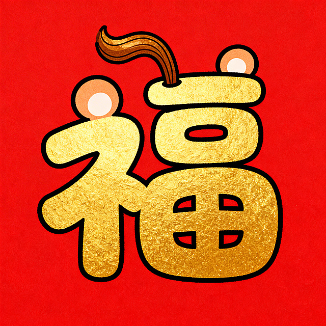 红底金福字，福字的竖笔画设计成摇摆的卡通马尾巴，搭配圆耳朵，金色福字灵动俏皮