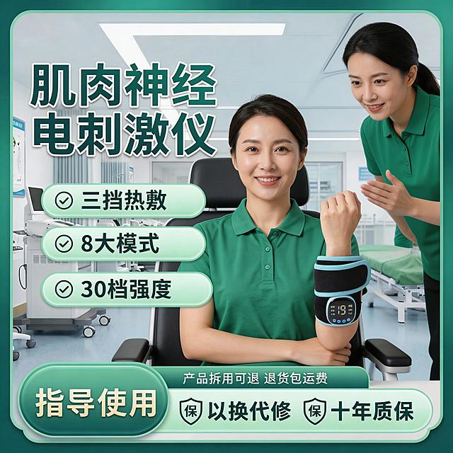 图中是一位中年女性患者，坐在康复椅上，佩戴肌肉神经电刺激仪在前臂，正在做屈伸训练动作；背景为医院康复科走廊，有理疗床与康复师在旁指导；卖点文字内容不变：'三挡热敷'、'8大模式'、'30档强度'、'指导使用'、'产品拆用可退 退货包运费'、'以换代修'、'十年质保'；文字颜色改为深灰+青绿搭配，框架模板调整为极简圆角卡片式布局，整体风格稳重可信。
