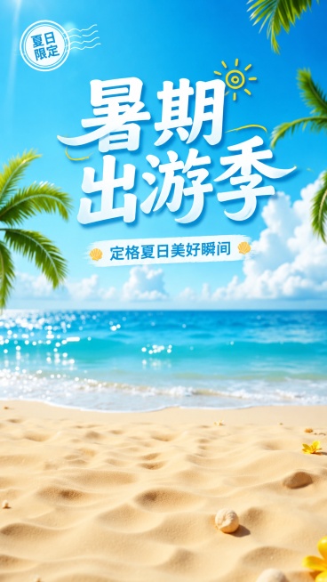清新夏日写实风格的暑期出游宣传海报，以原沙滩海景图片为背景，主标题文字"暑期出游季"放在画面上半部分居中位置，副标题文字"定格夏日美好瞬间"放在主标题下方居中位置，角落添加小装饰文字"夏日限定"，整体预览效果