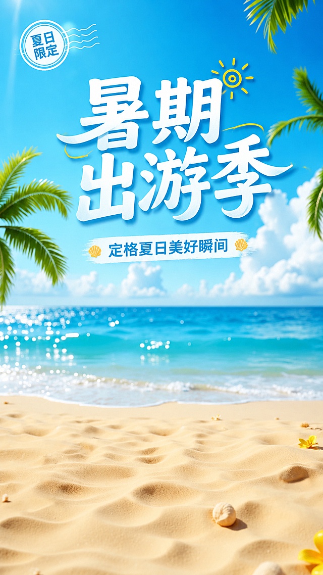 清新夏日写实风格的暑期出游宣传海报，以原沙滩海景图片为背景，主标题文字"暑期出游季"放在画面上半部分居中位置，副标题文字"定格夏日美好瞬间"放在主标题下方居中位置，角落添加小装饰文字"夏日限定"，整体画面干净清新，色彩明亮自然，版式精美，文字清晰可读，保留原始沙滩海景的通透感和度假氛围
