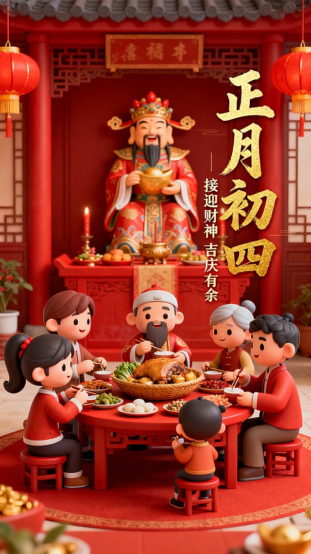 参考这两张图片的风格样式及布局，按照中国传统民俗，制作除夕到初七的新春民俗套图，共八张