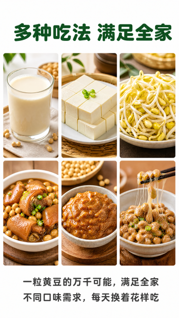 [第11屏] 本屏功能定义：黄豆多场景食用效果拼贴图，展示多种成品美食。
[氛围/风格] 高清诱人居家美食拼贴风格，色彩鲜亮，真实食欲感强。
[元素布局] 2行3列共六格拼图，分别展示：豆浆、豆腐、黄预览效果