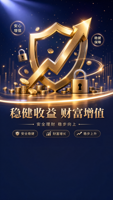 3D渲染质感存款理财海报，主视觉为稳步上升的金色箭头突破圆形盾牌轮廓，周围环绕金色钱币与锁形图标，背景为深蓝到深紫的渐变夜空，点缀微光粒子。画面下方有金色光带贯穿，营造财富增值、安全稳健的氛围，轻微景预览效果