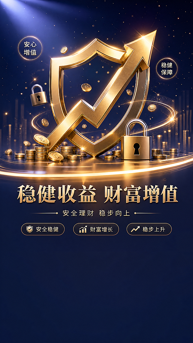 3D渲染质感存款理财海报，主视觉为稳步上升的金色箭头突破圆形盾牌轮廓，周围环绕金色钱币与锁形图标，背景为深蓝到深紫的渐变夜空，点缀微光粒子。画面下方有金色光带贯穿，营造财富增值、安全稳健的氛围，轻微景深模糊，主光源从左上角照射，在盾牌和箭头表面形成高光反射，暗部使用冷色调阴影增强对比。画面底部留白25%区域用于后续添加标题文字和合规文案。色彩主调为深蓝+香槟金。版式精美，高细节，适合手机端传播，包含主标题"稳健收益 财富增值"，副标题"安全理财 稳步向上"，卖点标签"安全稳健" "财富增长" "稳步上升"，装饰文案"安心增值" "稳健保障"