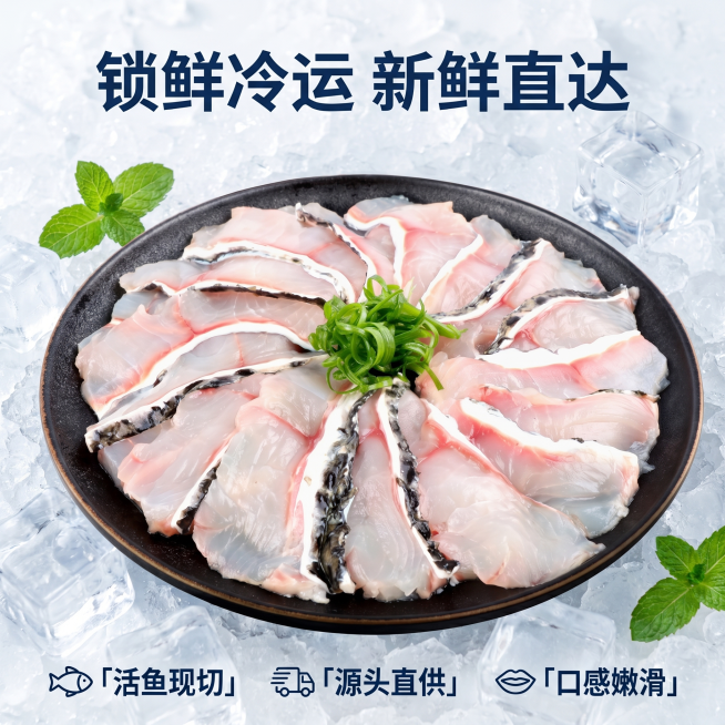 [主图-3] 黑鱼片食材新鲜度展示
[氛围风格] 自然场景实拍风，原生态新鲜氛围
[画质] 商业摄影高清真实质感，通透自然
[元素] 保持黑鱼片产品本身外观颜色纹理和原图一致，产品主体不变形。展示摆盘预览效果