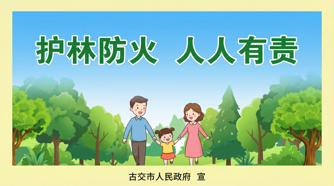 横向清明祭祀防火宣传海报，浅黄色背景，上方放大蓝天撑满画面上半部分，蓝天和下方树衔接位置做自然渐变效果，上方有文字"护林防火 人人有责"，底部落款文字"古交市人民政府 宣"，画面中有三口之家的卡通插图预览效果