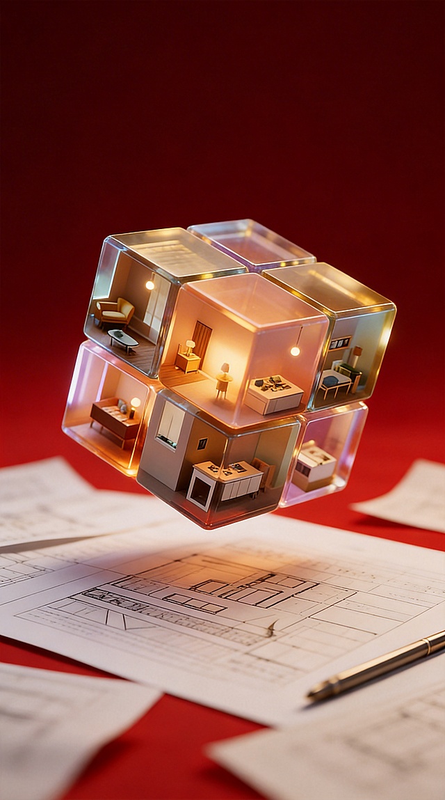 3D立体微缩场景，低角度仰拍视角，中心构图，悬浮于红色哑光背景上的透明亚克力材质立方体公寓，立方体被切割为多个开放式迷你房间，内部包含多个家装场景，暖黄色室内灯光从房间透出，柔和的环境光勾勒立方体轮廓，立方体下方放置房屋户型规划图，右侧搭配带户型规划图的白色纸张与金属钢笔，四周散落图纸，整体色调以深邃红为底色，搭配暖金、米白、浅棕的温馨室内色彩，写实渲染风格，8K超清，细节丰富，柔和焦外虚化，氛围感拉满
