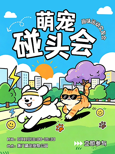 蓝绿色插画封面萌宠碰头会小红书封面