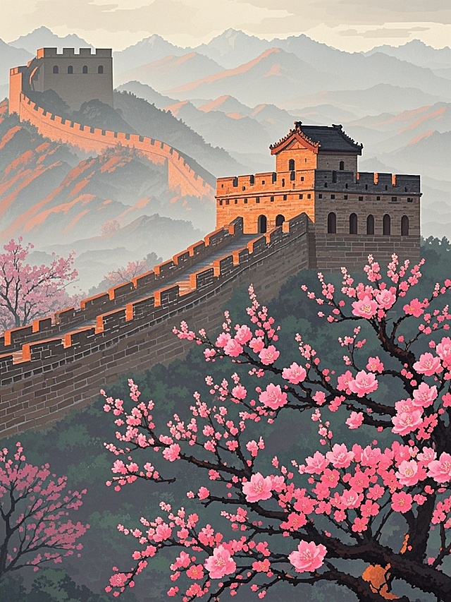 古典中式插画风，长城与桃花相映，水墨水彩结合，展现国潮美感。
