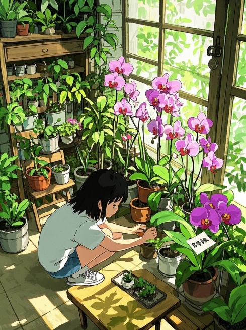 宫崎骏风格，动画风格，扁平，描边，吉卜力，Hayao Miyazaki style，一个一楼三十平的阳台，种了许多蝴蝶兰，有种花用的桌椅，桌子上放着工具和植料  有个黑长直头发女生穿着白球鞋在桌前种花预览效果