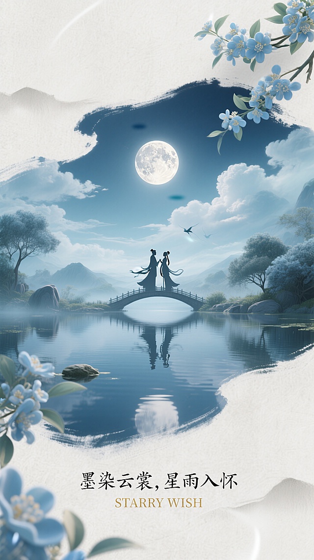 画面以水墨风绘就七夕浪漫，圆月、鹊桥、恋人在山水间，搭配蓝花，“墨染云泉，星雨入怀”，尽显古典诗意与爱情美好