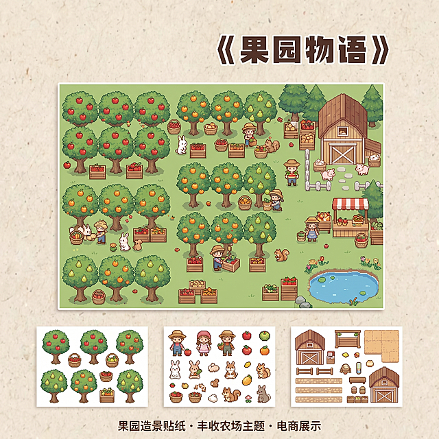 生成一张比例为1:1的果园农场造景贴纸商品主图，延续原图可爱像素风格，生成满是果树的丰收农场造景，排版干净适合电商展示