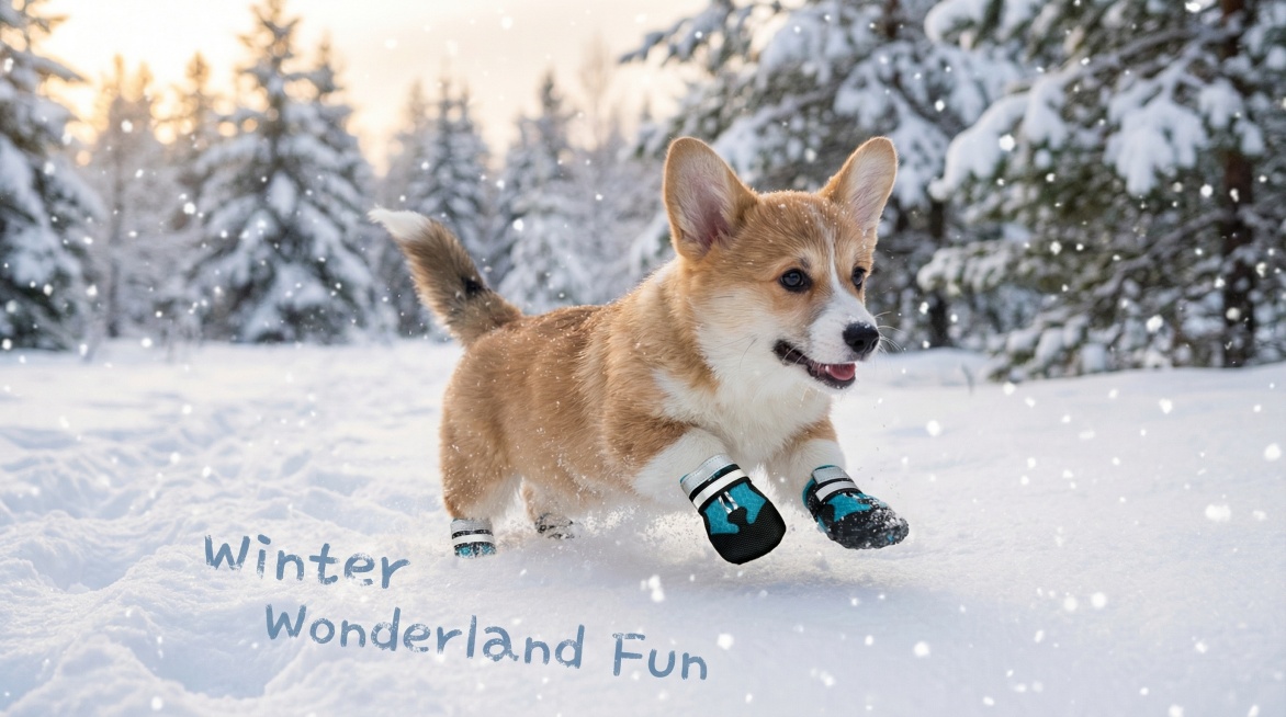 以图中的狗狗鞋为元素,狗狗穿着鞋子玩耍,设计6张跟狗狗鞋有关的图,物体主体特征不变,英语,比例 「16:9」预览效果