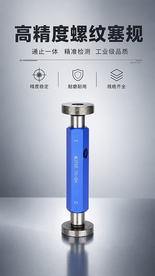 [商品] 使用【图1】M37×0.75-6H蓝色手柄螺纹塞规；保留通(T)止(Z)双头结构、蓝色六角手柄、金属测量头、手柄刻字标识、整体比例和颜色材质；测量头金属质感清晰，手柄刻字清晰可辨。
[画面] 目标：专业头图，建立工业精密量具高端形象。构图：居中对称构图，产品竖直立于画面中央偏下，占画面约55%；上方留白放标题文案，左右两侧留呼吸空间；前中后景：前景细腻反光台面、中景产品主体、后景渐变背景带微弱环境光；整体氛围专业、精密、可靠。
[视觉] 套系策略：风格=工业精密量具商业摄影风；标题字=粗黑无衬线工业字体，厚重有力；正文字=简洁无衬线体，清晰易读；主色=灰白镜面效果；背景延展=深灰→中灰→浅灰渐变层级，同色系深浅变化；强调色=金属银灰，仅用于小面积图标、引线和高光点缀；标题色=深炭灰；正文色=中灰；组件=细线信息卡、工业风引线、几何分割线；光影=左前侧硬柔光，金属测量头高光清晰，手柄有质感反光，底部带柔和投影。
[文字] 上方主标题「高精度螺纹塞规」，副标题「通止一体 精准检测 工业级品质」，下方配3个短卖点标签：精度稳定、耐磨耐用、规格齐全；文字区位于画面上半部分，不遮挡产品主体和测量头。
[规格] 淘宝/天猫详情页单屏9:16竖版，4K分辨率，负向提示：避免变形、错字、文字过小、彩色花哨背景、产品结构失真、刻字模糊、塑料感。