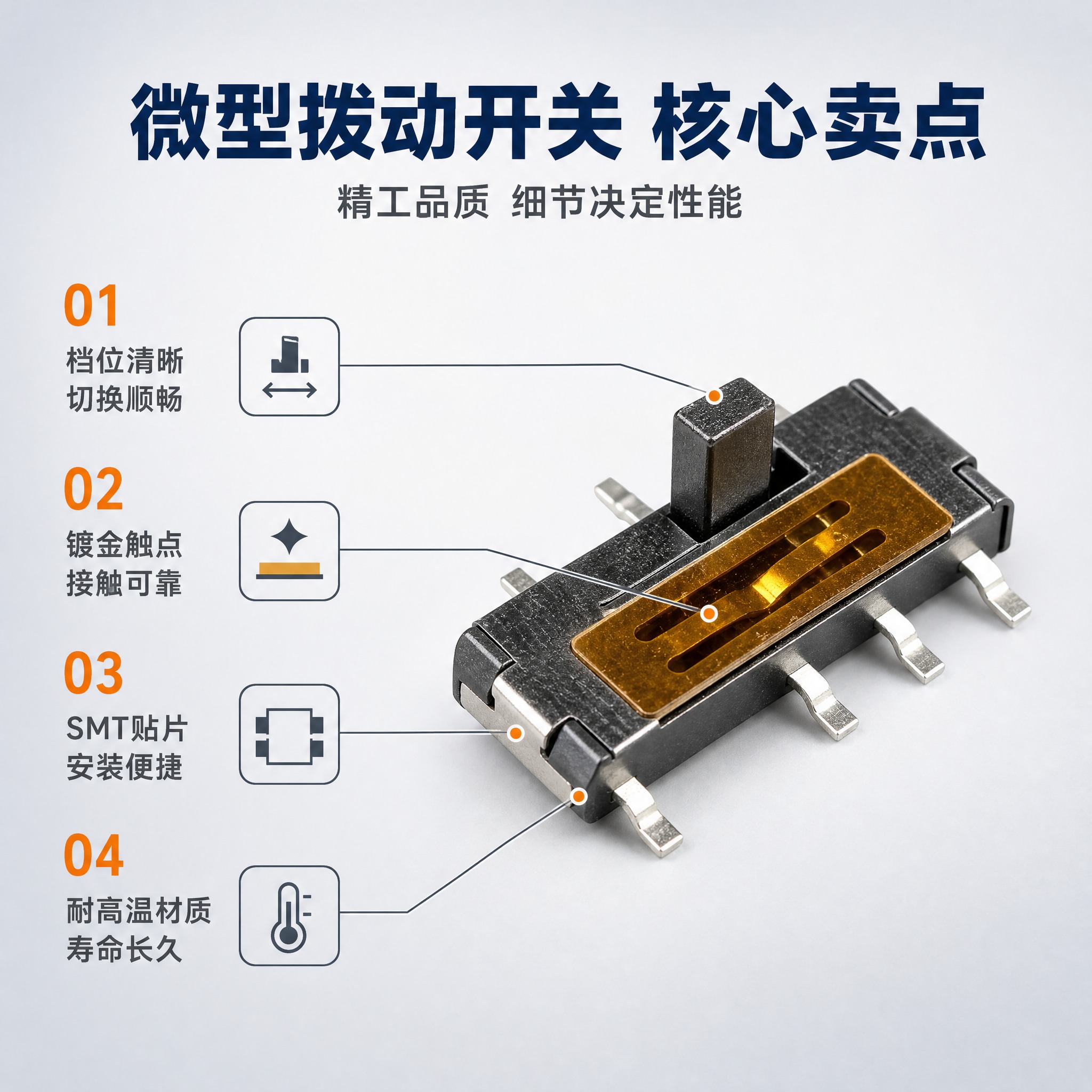[主图-2] 微型拨动开关 贴片滑动开关 产品亮点卖点图。 [… - 图片创意预览