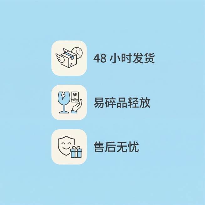 [主图主题] 水晶小狗售后提示
[氛围/风格] 简约干净，信息清晰
[画面元素] 纯净浅蓝背景，三个圆角简约浅白色图标依次垂直排列，分别对应发货、易碎提示、售后保障三个内容，整体排版清爽，信息层级清晰预览效果