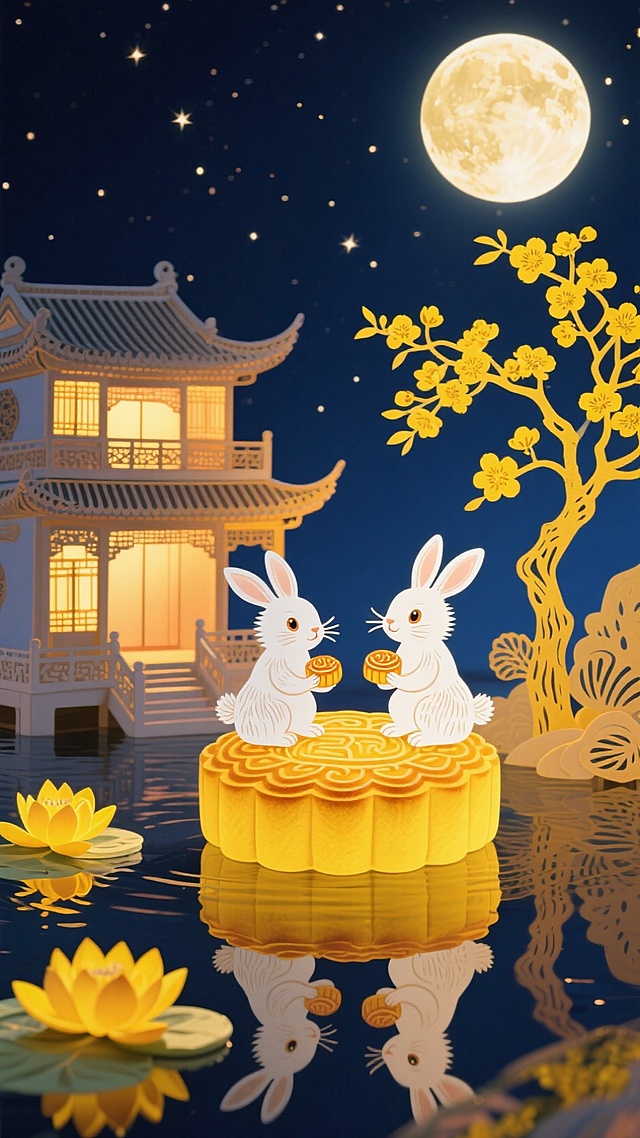 中式感插画风，梦幻温馨的中秋夜景，撕纸与浮雕结合，两只可爱兔子在巨型月饼上赏月品糕，剪影倒映水中，尽显轻拟物的童趣浪漫。