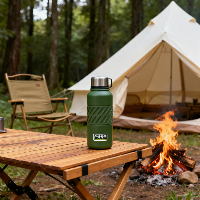 户外露营场景，绿色保温水杯放在露营地的木质桌子上，旁边有帐篷、折叠椅和篝火，背景是茂密的树林，突出展示保温水杯的户外适配性预览效果