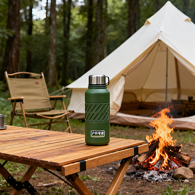 户外露营场景，绿色保温水杯放在露营地的木质桌子上，旁边有帐篷、折叠椅和篝火，背景是茂密的树林，突出展示保温水杯的户外适配性