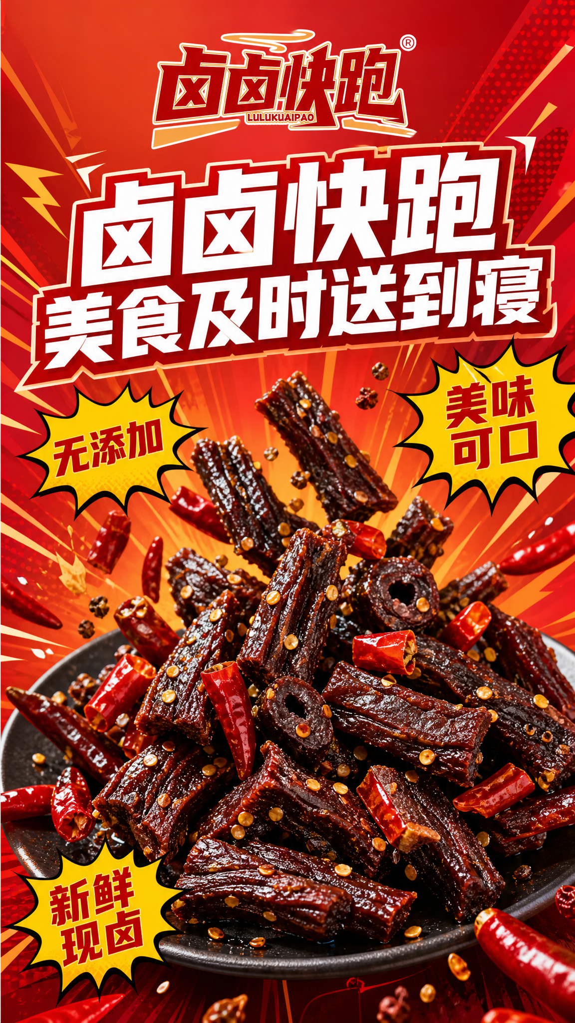 卤味美食宣传海报，促销冲击型创意。画面主体是一盘麻辣牛肉干，牛… - 图片创意预览