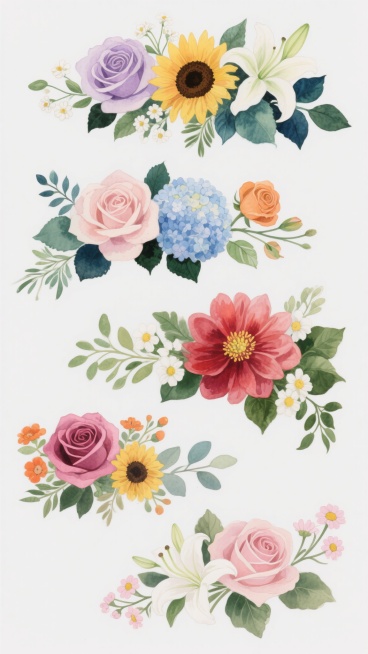 水彩风格花卉装饰元素，白色背景，五组不同形态的花卉组合，整体呈现清新自然的手绘质感，色彩过渡柔和透明，带有水彩特有的晕染效果和细微的笔触纹理。花卉包括玫瑰、向日葵、绣球花、百合等，花瓣层次丰富，细节精致，搭配深绿色和蓝绿色的各式叶片、藤蔓，整体构图平衡和谐。主体花卉颜色调整为：上方第一组以淡紫色玫瑰、鹅黄色向日葵和白色小花为主；中间第二组为浅粉色玫瑰、淡蓝色绣球花和橙色玫瑰；第三组为枚红色大丽……预览效果
