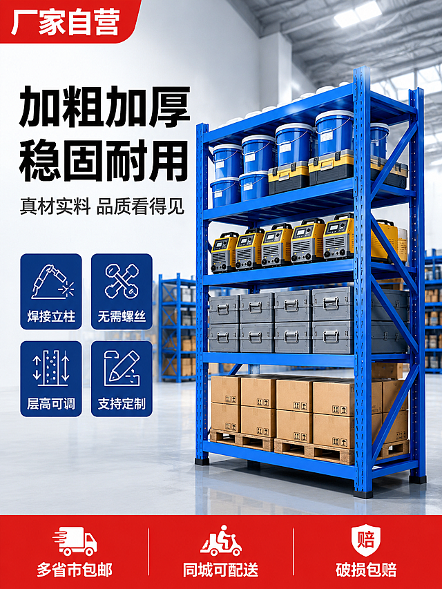[主图-1] 仓储货架首图-厂家自营加粗加厚。
[氛围风格] 工业仓储风，专业靠谱，硬朗大气；
[画质] 商业摄影质感、光线明亮通透、产品清晰真实、画面干净有力量感。
[元素] 蓝色四层重型仓储货架位于画面右侧，占画面约60%，货架各层摆放不同物品：最上层放蓝色塑料桶和工具箱，第二层放黄色电焊机设备，第三层放灰色收纳箱，最下层放纸箱货物，展示真实储物状态。背景为现代化干净的仓库内部，白色墙面、浅灰色环氧地坪，远处还有几排同款货架延伸，空间感强。左侧为文案负空间。保持货架外观（即物理结构、材质质感、蓝色颜色）与输入产品图一致，杜绝任何变形和色差，精细化处理；货架与地面有真实接触阴影，无悬浮感。画面满屏无边框。
[光影] 顶部工业冷白光为主光，均匀照亮货架正面，金属表面有硬朗高光，底部有自然投影，明暗层次分明，突出钢架结构立体感。
[配色] 主色工业蓝（货架）；辅色深灰、水泥灰、白色；点缀红色（促销标签）。
[视角构图] 平视微仰视角，货架为视觉中心；前中后景分层、景深中等，背景货架虚化突出主体。
[文字版式] 左上角红色角标"厂家自营"，白字粗体。左侧负空间左对齐留安全边距。主标题"加粗加厚 稳固耐用"，黑色超大号粗体无衬线；副标题"真材实料 品质看得见"，深灰色大号。下方四个卖点图标方块两列排布，每个图标+文字：「焊接立柱」「无需螺丝」「层高可调」「支持定制」，蓝底白字小方块。底部通栏红色底，白字分三列：「多省市包邮」「同城可配送」「破损包赔」，每列上方小图标。
[输出要求] 3:4 比例，文字清晰锐利，超高清商业摄影质感。
[负向提示词] 变形，文字错乱，产品图模糊，背景杂乱，水印，电商平台Logo，货架结构变形，颜色偏差，具体承重数字，KG字样。