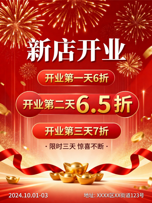 设计一张新店开业活动海报，整体喜庆热闹，设计大气醒目，海报上清晰显示文字信息："开业第一天6折、开业第二天6.5折、开业第三天7折"，突出折扣优惠信息，吸引路人关注预览效果