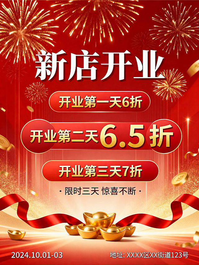 设计一张新店开业活动海报，整体喜庆热闹，设计大气醒目，海报上清晰显示文字信息："开业第一天6折、开业第二天6.5折、开业第三天7折"，突出折扣优惠信息，吸引路人关注