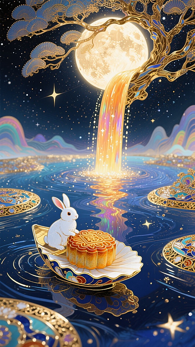 概念艺术，一个超现实的星空河流世界。宇宙之树倒悬，月华如瀑布流下，形成蜜糖色的星河。玉兔与月饼乘着贝壳舟航行。深邃蓝与暖金色的对比，点缀白金与琥珀色。梦幻感，笔触带有轻微的印象派风格，充满光影流动感，数字绘画，艺术站流行趋势，大师级作品。