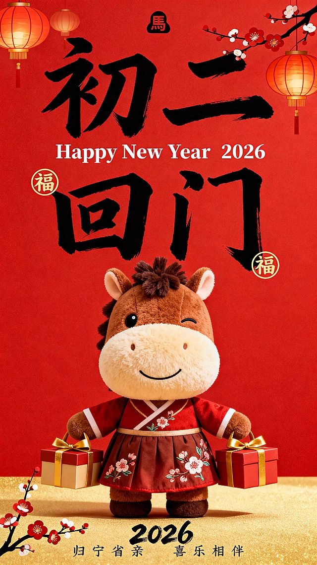 提示词：纯正面小马，Q 版棕褐配色的拟人毛绒小马公仔（腹部是浅米色毛绒，单眼眯起微笑，鬃毛为深棕短绒质感，圆鼓鼓的肚子），站立，身着改良汉服襦裙（红褐配色，裙摆绣梅花），双手提着两盒系金带的拜年礼盒。红色背景，搭配红 / 金配色灯笼与梅花枝；小马公仔位于画面中下部核心区域；画面上部排布大号黑色毛笔大字 “初二 回门”（笔触清晰），中间叠印一行白色体小字 “Happy New Year 2026”，背景文字两侧点缀圆形 “福” 字标识，画面顶部有小型 “馬” 字图形标识，底部有黑色很小的字 “归宁省亲 喜乐相伴”（2026 为毛笔字体）。