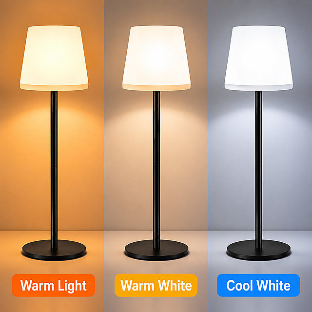 [Main Image 3] Three color temperature switching function display of the table lamp. [Atmosphere Style] Professional function demonstration, clear comparison. [Quality] Commercial photography texture, uniform light, clear contrast. [Elements] Three grids of puzzle, same location and scene, the same black table lamp, respectively showing warm light, warm white light, white light three different color temperature effects. Each grid clearly shows the light color atmosphere under different color temperatures. Keep the product appearance completely consistent with the input product picture, no deformation. The picture is full screen, three grids are evenly arranged, with simple text labels for each color temperature. [Light and shadow] Each grid maintains the same light intensity, only changing the color temperature, the contrast is obvious and intuitive. [Color matching] The background maintains a uniform simple style, and the three color temperatures are naturally distinguished. [Perspective composition] Consistent head-up perspective, neat arrangement of three grids. Copy: Label "Warm Light", "Warm White", "Cool White" under each picture, large contrast, clear and readable. In line with Amazon specification, no extra Chinese. [Proportion resolution] 1:1 proportion, 4k resolution, super HD. [Negative prompt] Deformation, watermark, text disorder, blurred product image, messy background.
