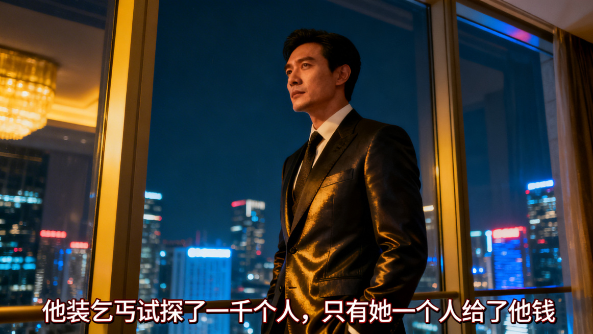真人摄影风格，亚洲英俊男主角，身着笔挺西装，霸气总裁形象，站在落地窗前俯视城市夜景，神情若有所思，现代都市场景，电影质感，图片底部叠加深红色标题文字"他装乞丐试探了一千个人，只有她一个人给了他钱"预览效果