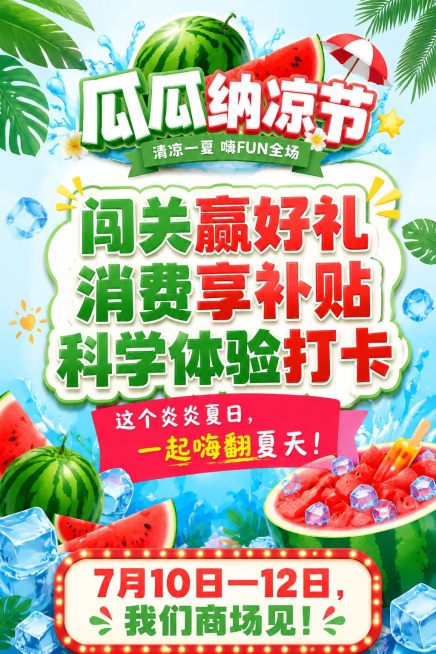 [第8屏] 结尾号召页，瓜瓜纳凉节整体总结和邀约。
[氛围/风格] 活泼热闹夏日氛围，明亮喜庆设计风格。
[元素布局] 中心放置总结文案，周围搭配西瓜、冰块、树叶夏日装饰，底部活动时间再次提醒，整体饱预览效果