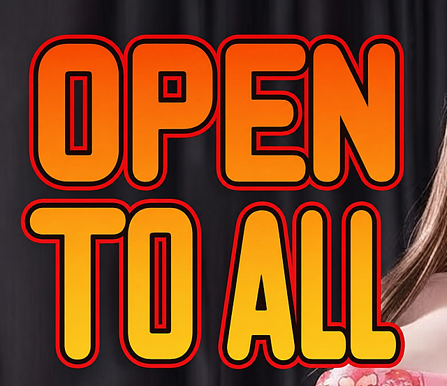 修改图片，把图片中所有中文替换为英文"OPEN TO ALL", 保持字体颜色、描边效果、风格排版和原图片完全一致，背景深灰色