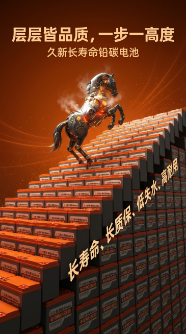 一张极具视觉冲击力的商业海报，呈现出「工业纪念碑」般的史诗感。画面核心是由久新长寿命铅碳电池（保持参考图电池的特征和比例）组成的4.5级侧面视角的宽阔阶梯，每一级均由许多电池侧面并排垒成，阶梯的侧面展预览效果