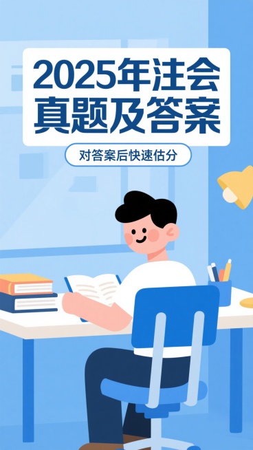 图片背景为浅蓝色，书桌环境，卡通风格简洁清晰，整体氛围轻松不压抑。主题为“2025年注会真题及答案”，副标题为“对答案后快速估分” 按钮预览效果