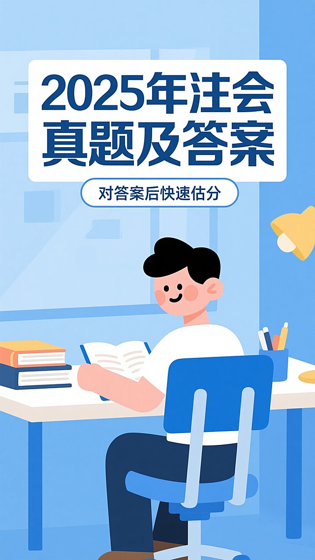 图片背景为浅蓝色，书桌环境，卡通风格简洁清晰，整体氛围轻松不压抑。主题为“2025年注会真题及答案”，副标题为“对答案后快速估分” 按钮
