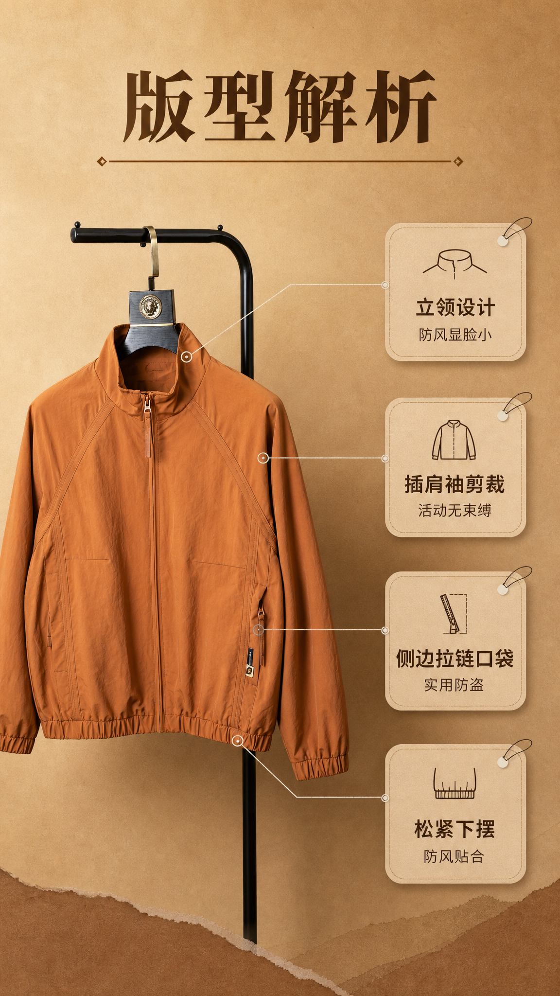 [商品] 使用【图1】焦糖色立领短款休闲夹克；商品处理：保留立… - 图片创意预览