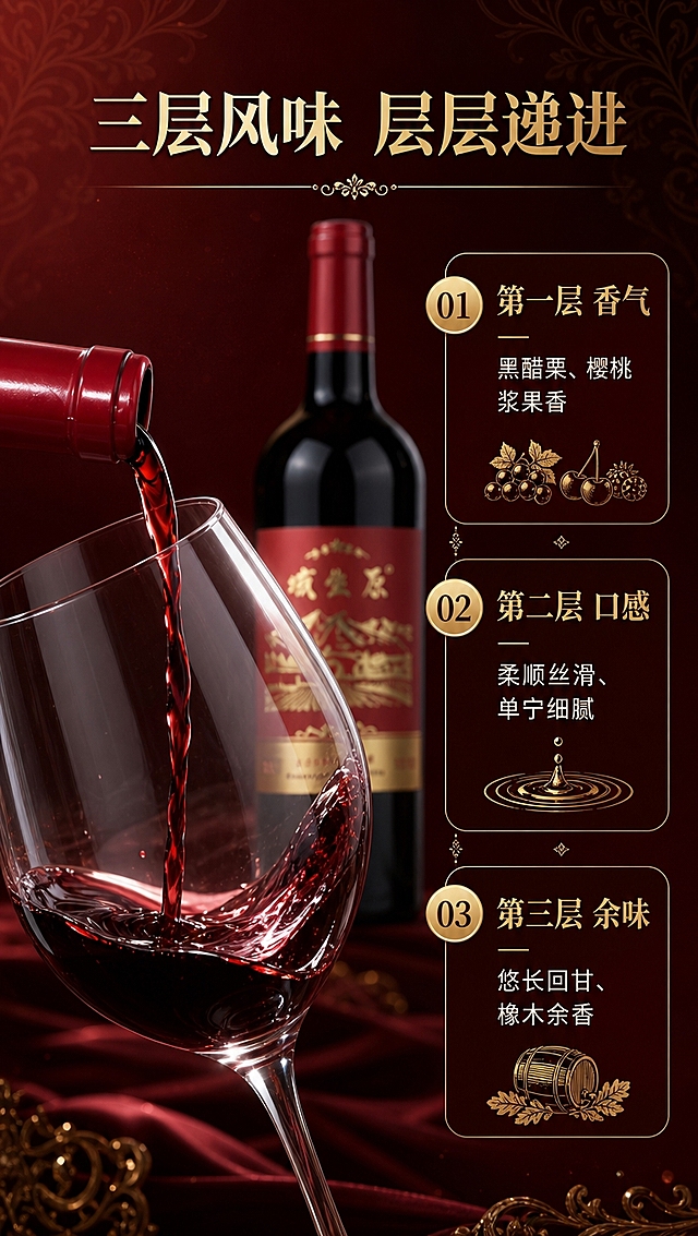 [商品] 使用【图4】倒酒特写与【图5】红酒瓶酒杯图；保留瓶身红色酒标金色Logo、酒杯中深红色酒液；增强酒液光泽与挂杯质感，不改变商品本体文字与图案。
[画面] 目标：口感品鉴专页，分层展示红酒风味层次。构图：左图右文，左侧酒杯与酒液特写占约50%，右侧三层风味解析。背景：深酒红色渐变，暗金色纹理。景别：酒液中近景特写。阅读动线：从左看酒液，从右读风味。前中后景：前景酒杯酒液、中景酒瓶虚化、背景深色氛围。
[视觉] 套系策略：风格=高端红酒商业摄影，红金质感；标题字=宋体衬线粗体，典雅大气；正文字=简洁无衬线体；主色=酒红深红；背景延展=基于酒红色做深浅渐变、暗纹肌理和金色点缀；强调色=金色，仅用于小面积图标、引线、装饰线条和重点文字；标题色=金色；正文色=米白色；组件=金色细线分割、圆角信息卡、古典装饰纹样；光影=侧逆光，酒液通透有宝石光泽。
[文字] 顶部主标题「三层风味 层层递进」，金色大字；右侧竖向排列三个品鉴层级，每层配金色圆形序号：「第一层 香气」黑醋栗、樱桃、浆果香；「第二层 口感」柔顺丝滑、单宁细腻；「第三层 余味」悠长回甘、橡木余香。全部文字横排，金色标题+米白说明，不遮挡酒杯与酒液主体。
[规格] 图片比例9:16竖版，4K分辨率，medium质量。避免变形、错字、文字过小、酒液颜色改变、绝对化用语。