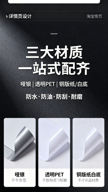 淘宝详情页，将哑银、透明PET、铜版纸白底三种不干胶标签样品做对勾合集拼贴展示。主标题大字体写着"三大材质 一站式配齐"，副标题写着"哑银 | 透明PET | 铜版纸/白底"，下方标注特性文字"防水·预览效果