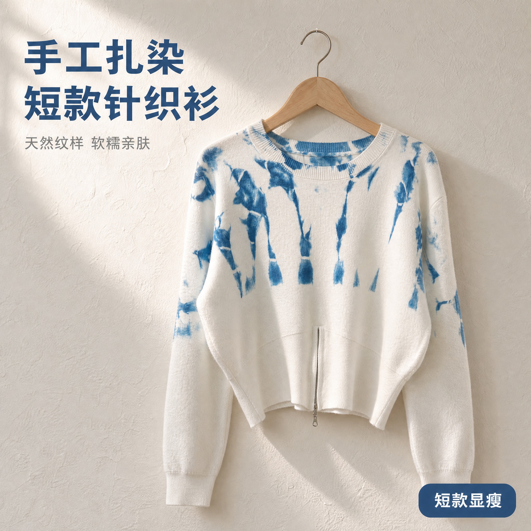 [主图-1] 展示蓝白扎染短款针织上衣的整体版型，挂拍正面展示… - 图片创意预览
