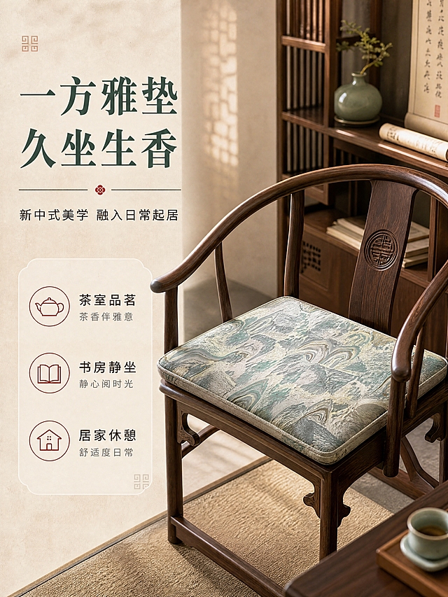 [商品] 使用【图2】新中式锦缎坐垫；商品处理：保留青绿山水锦缎纹样、方形轮廓、包边缝线；自然放置在椅子上，面料贴合椅面，增强锦缎纹理质感，不改变图案和颜色。
[画面] 目标：场景种草，展示坐垫在中式家居环境中的铺设效果。构图：左文右图，右侧新中式实木圈椅上放置坐垫，产品占画面45%，侧视45度角；左侧留白放文案；背景为中式茶室/书房场景，有木质书架、青瓷花瓶、宣纸卷轴等元素，暖光从窗边洒入，营造静谧雅致的东方生活氛围。
[视觉] 套系策略：风格=新中式东方美学商业摄影；标题字=宋体衬线粗体（雅致古风）；正文字=简洁黑体；主色=青绿色+米杏色；背景延展=基于米杏色做深浅层级、宣纸纹理质感、同色系渐变；强调色=赭石红，仅用于小面积图标、引线和标签；标题色=深墨绿；正文色=深棕灰；组件=圆角浅底信息卡、细线引线、中式回纹装饰元素；光影=左前侧暖柔光，侧逆光勾勒产品轮廓。
[文字] 左上主标题「一方雅垫 久坐生香」，副标题「新中式美学 融入日常起居」，下方3个场景短句：茶室品茗 | 书房静坐 | 居家休憩；文字排版雅致，不遮挡椅子和坐垫主体。
[规格] 图片比例3:4竖版，4K分辨率，避免变形、错字、文字过小、冷蓝背景、面料颜色改变、场景杂乱。
