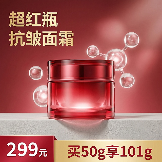 奢华红瓶面霜，3D玻璃质感搭配分子结构，科技感十足，重拟物设计突显高端；金属光泽与渐变背景强化促销氛围，节日礼赠首选。